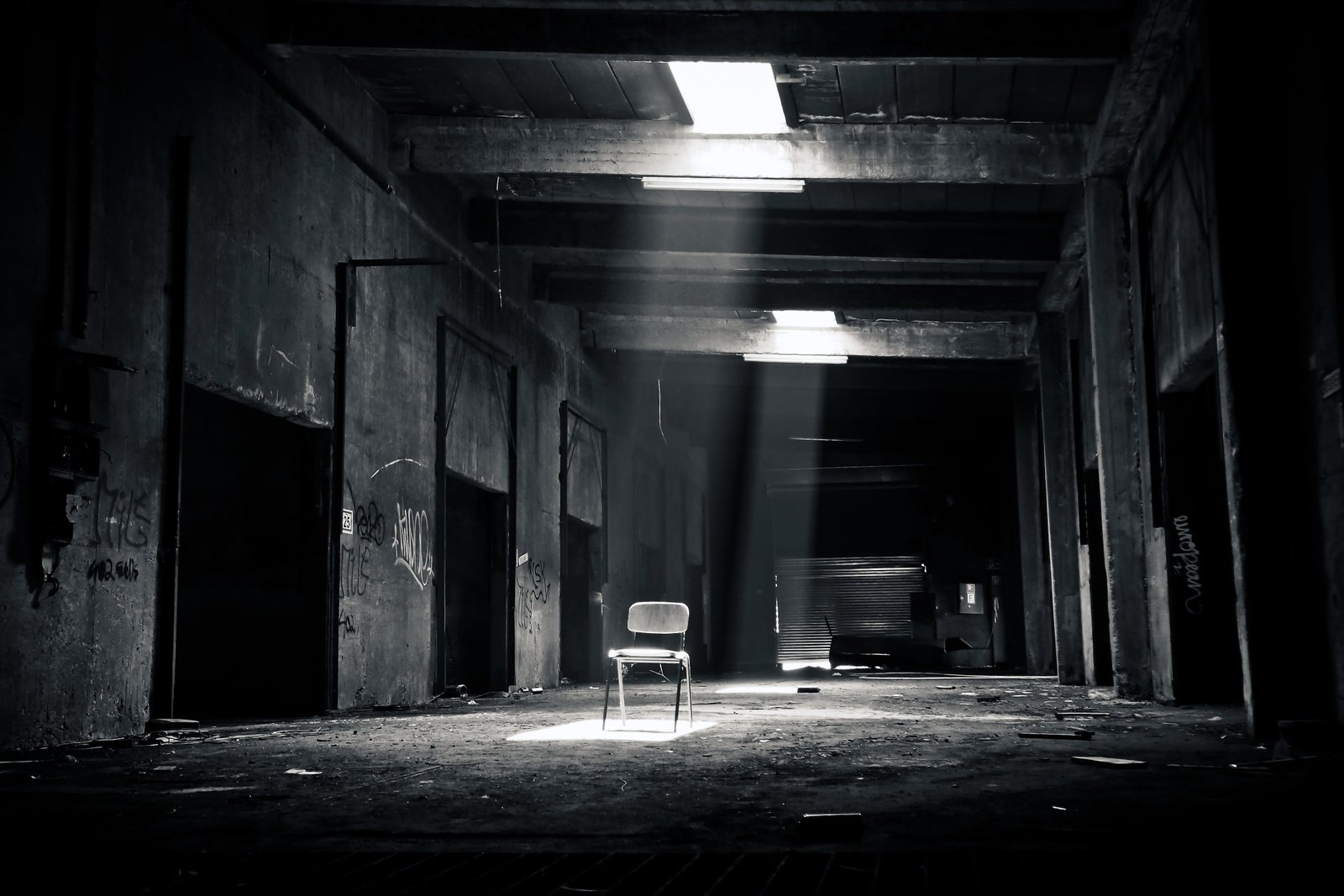 gray metal chair lost places old decay ruin factory industry 2k 4k