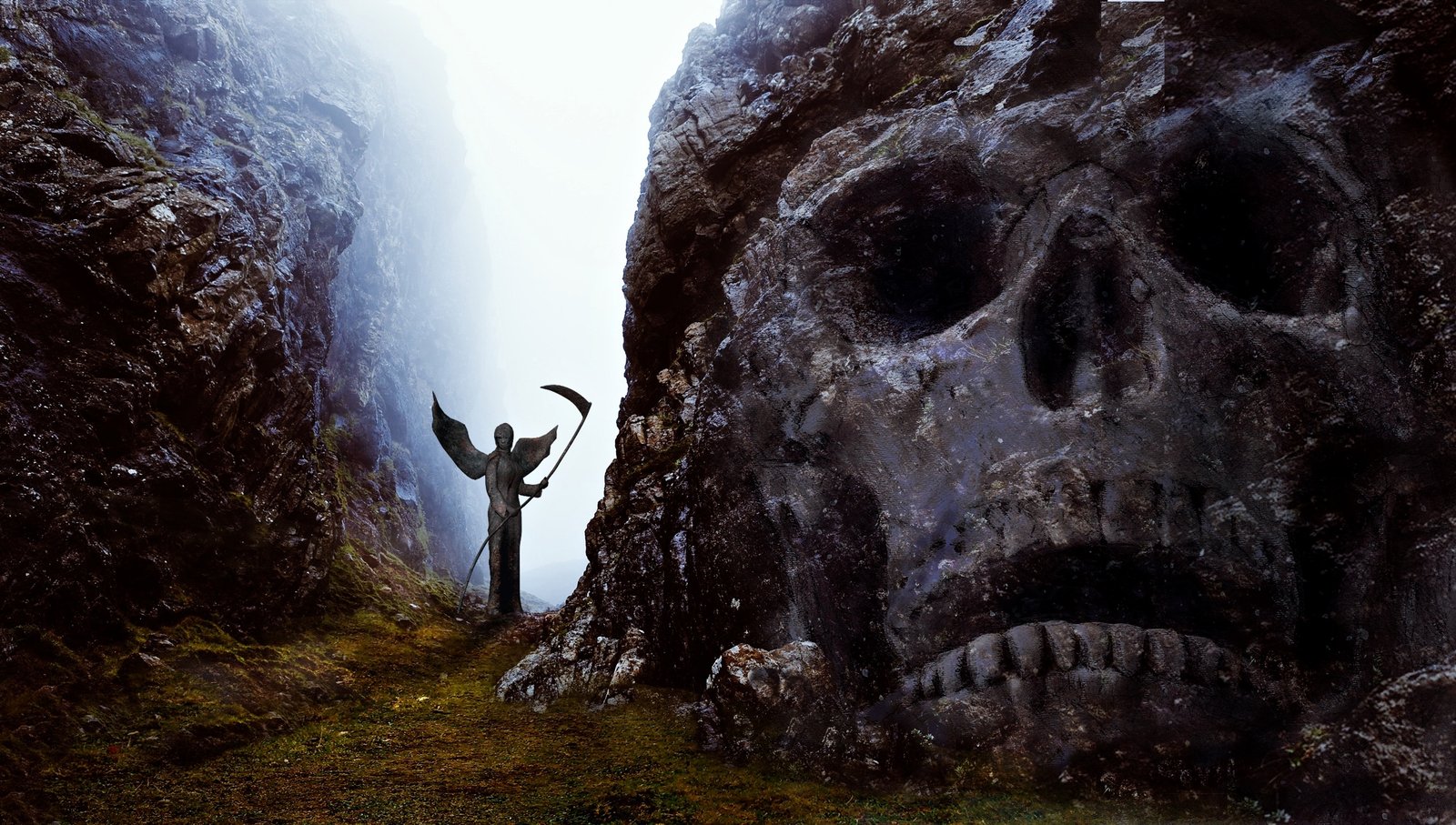 gray reaper standing between mountains skull and crossbones 2k