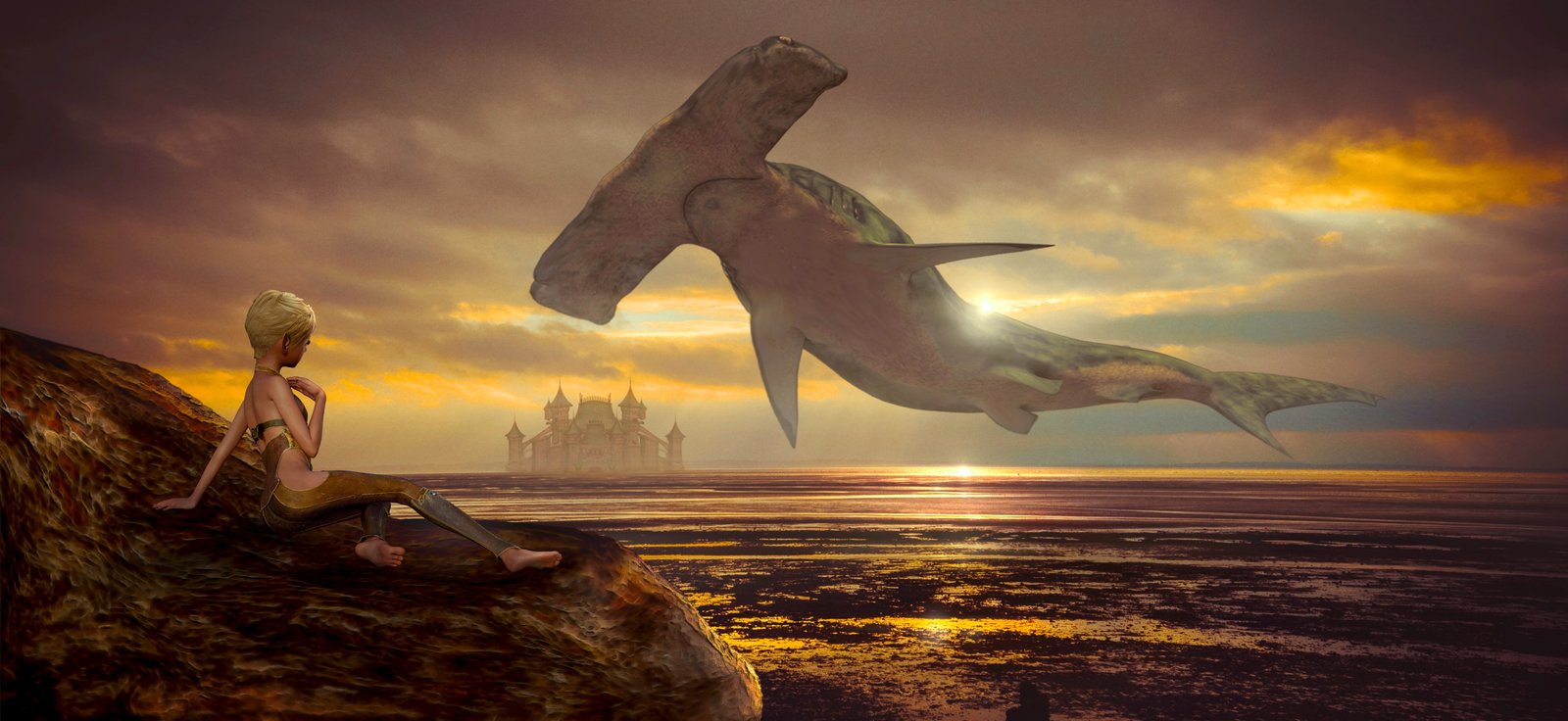 hammerhead shark digital illustration fantasy girl fish fly 2k 4k 5k
