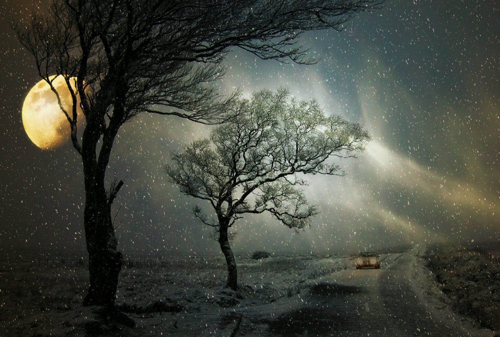 low light photographed of milky way winter snowfall road auto 2k