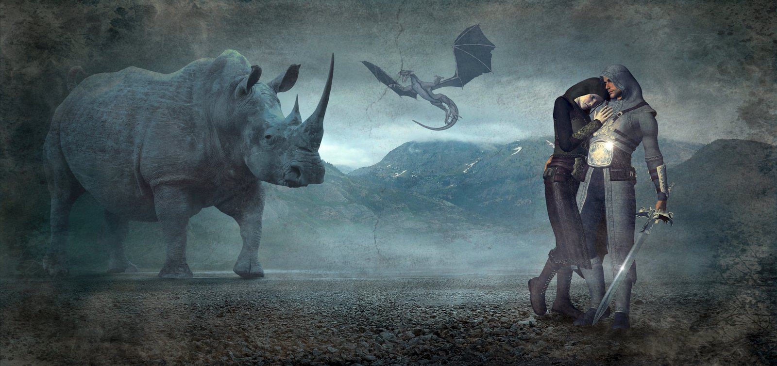 man holding sword near grey rhino painting fantasy dragons 2k 4k 5k