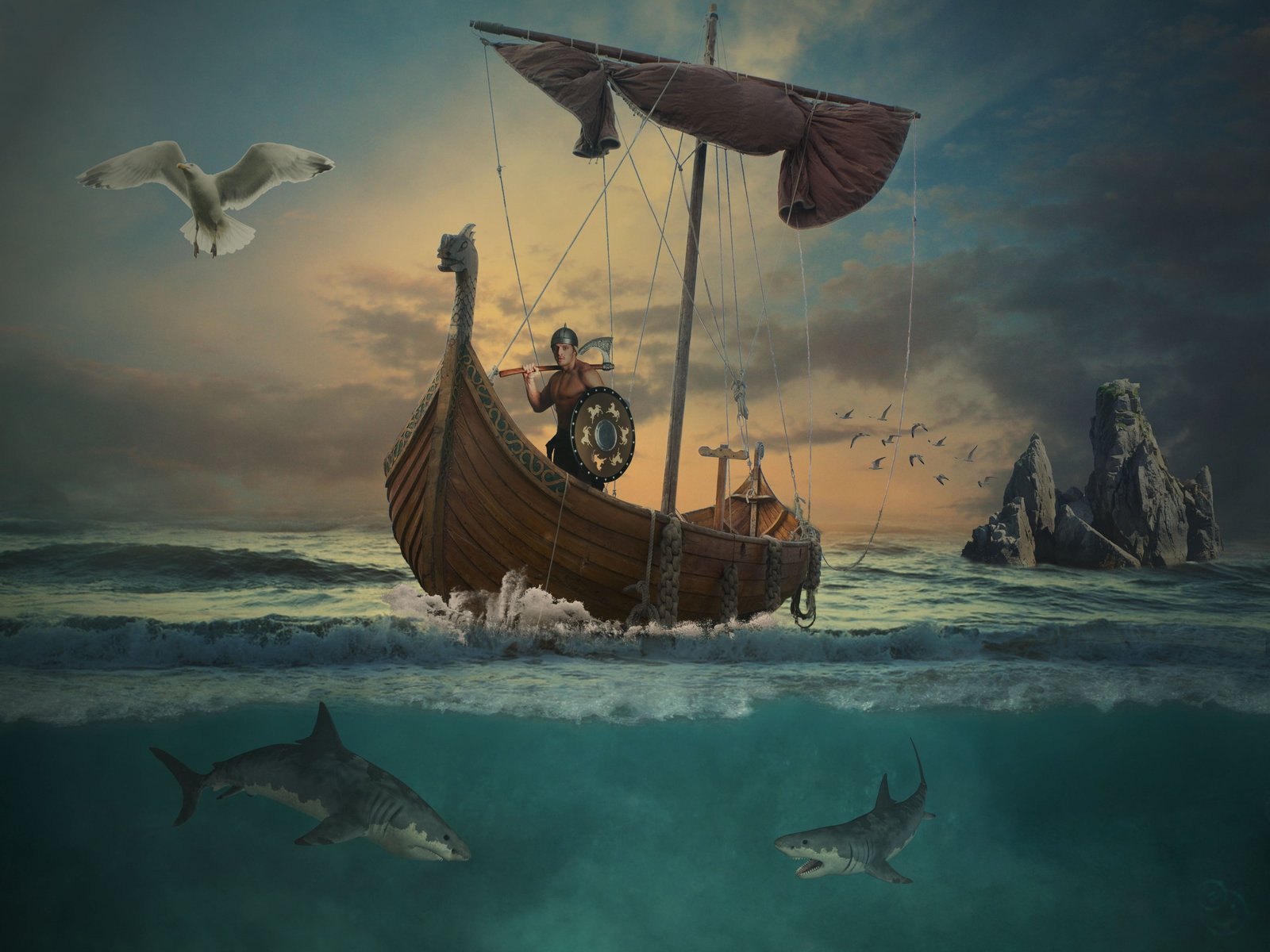 man on boat painting waters ocean sea vikings island boot 2k 4k 5k