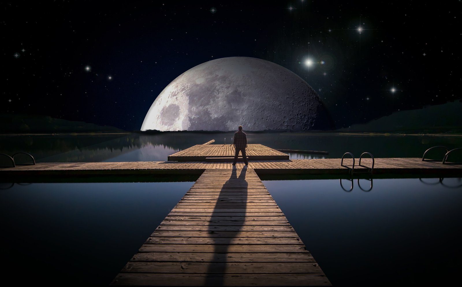 man standing on dock facing moon digital wallpaper lake web 2k 4k 5k