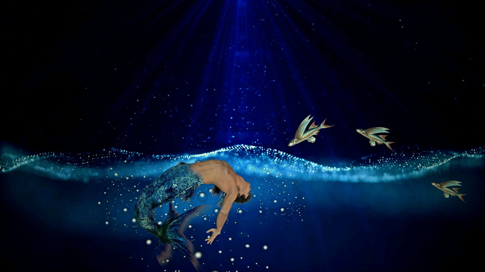 mermaid in body of water near flying fish painting Sea Water 2k 4k