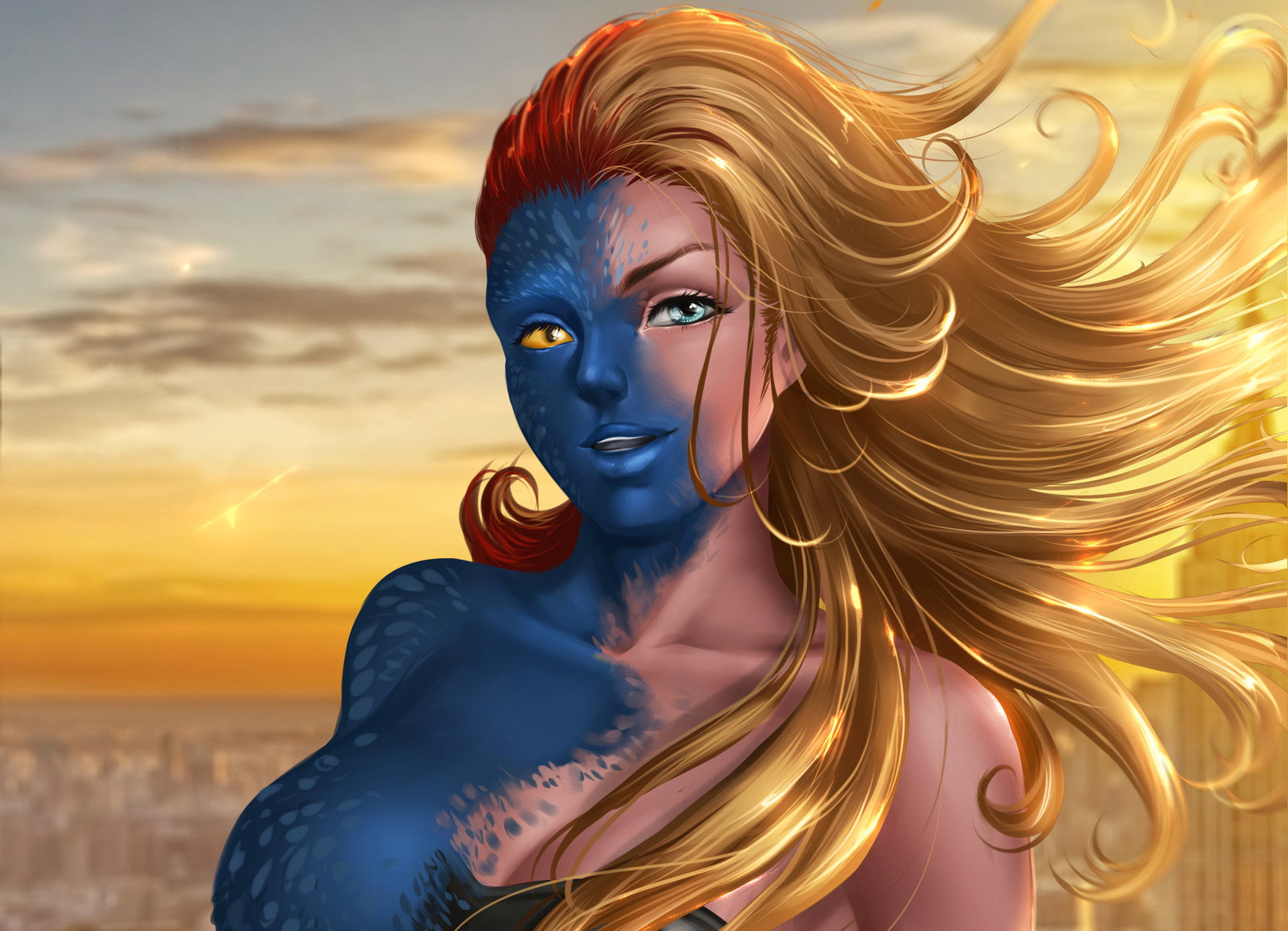 Mystic Marvel Comics Raven Darkholme sunset sky gold colored 2k