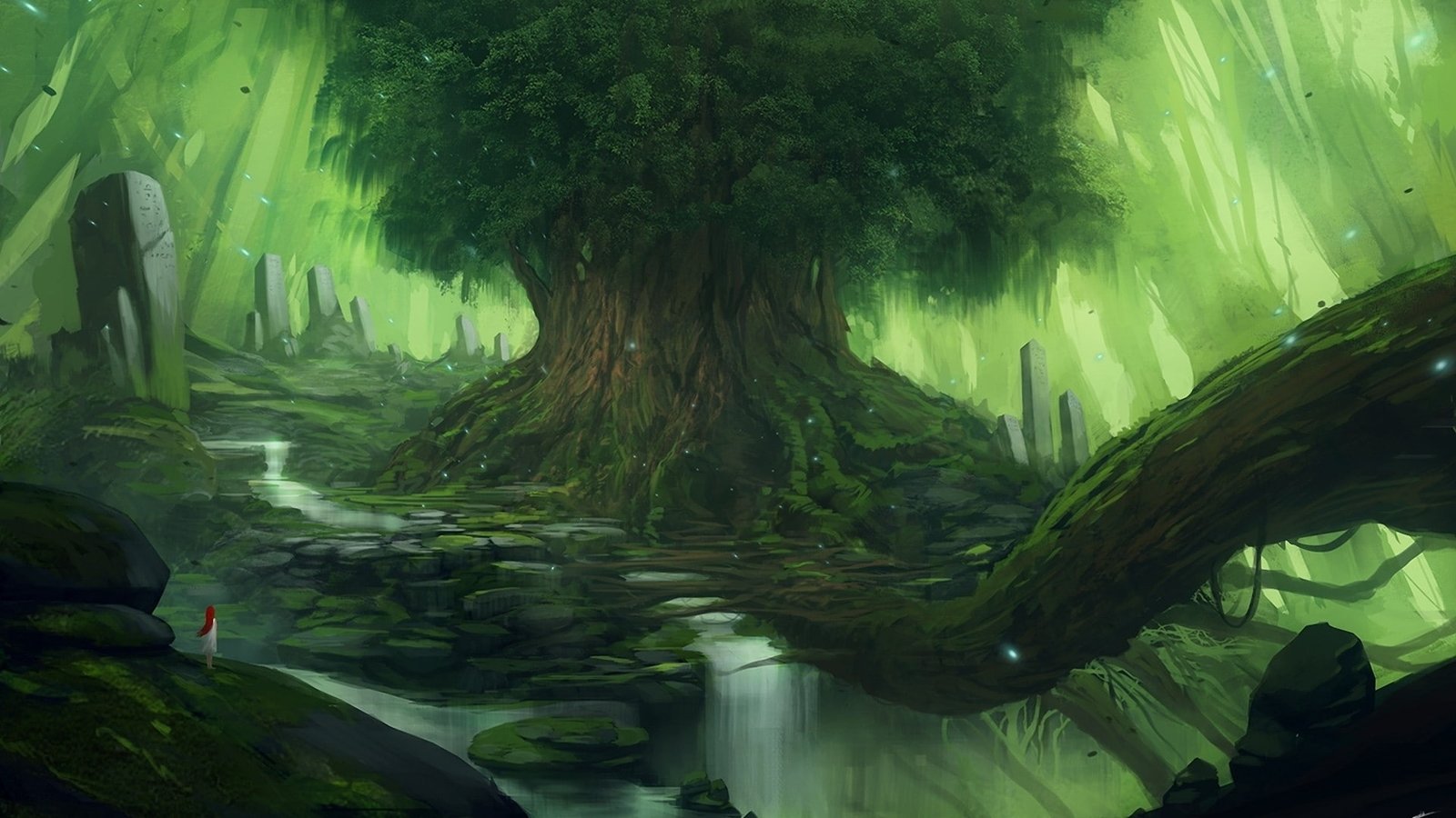 paintings trees redheads rocks bridges runes fantasy art waterfalls magical mystical giant tree 1 Abstract Fantasy HD Art 2k