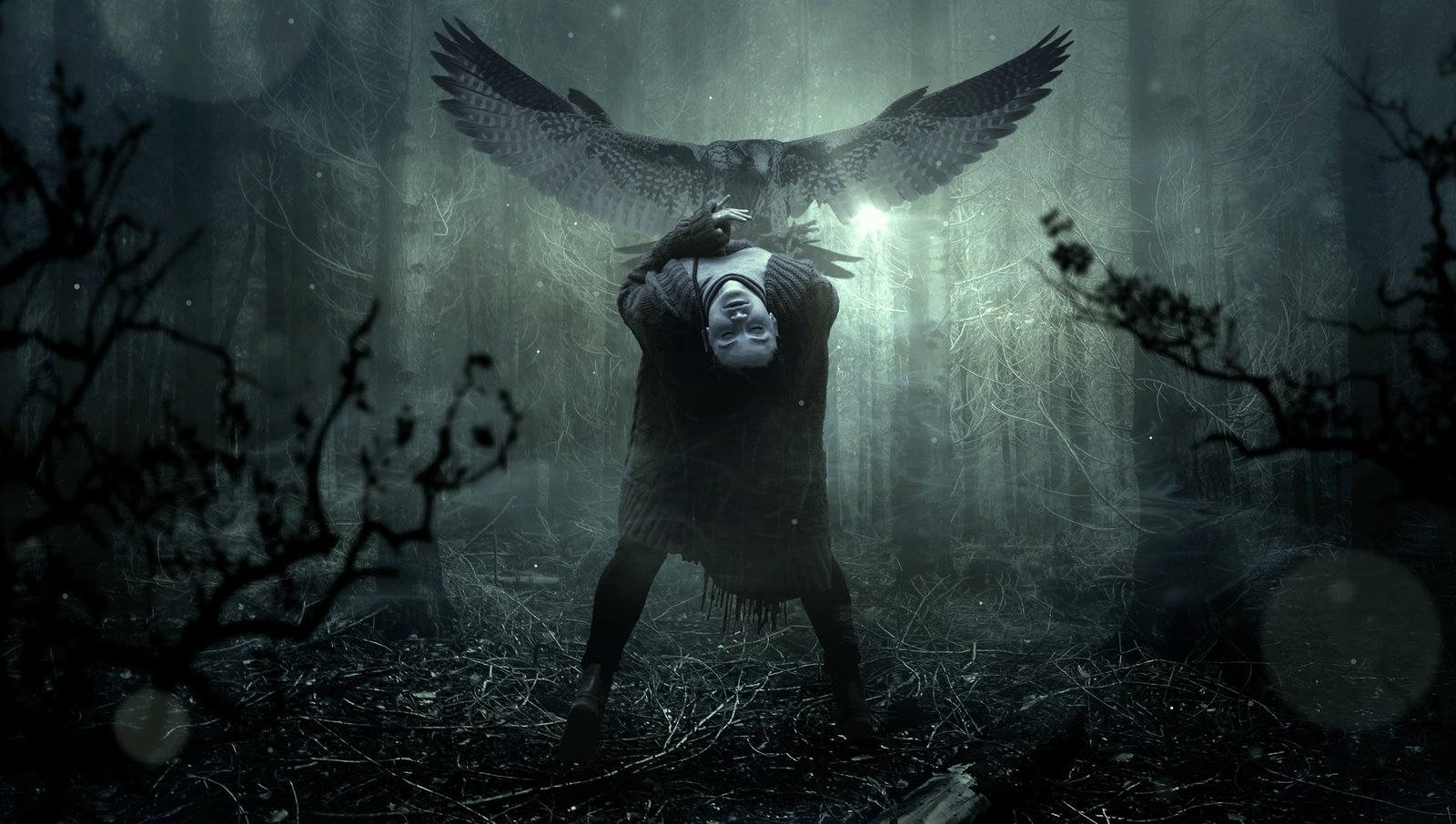 person bending its body near bird digital wallpaper fantasy 48 2k 4k 5k