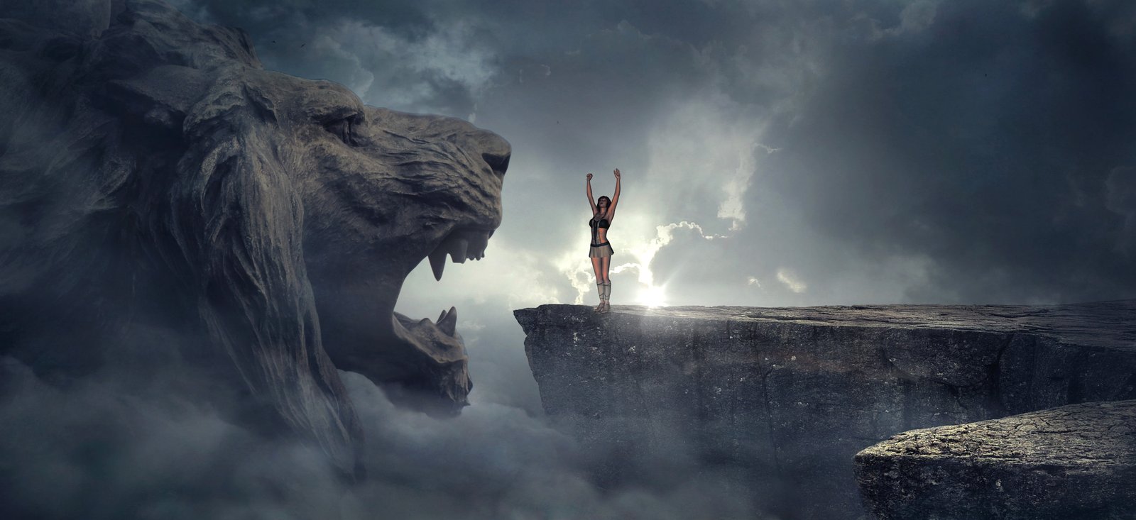 person standing in front of lion statue fantasy rock head 56 2k 4k 5k