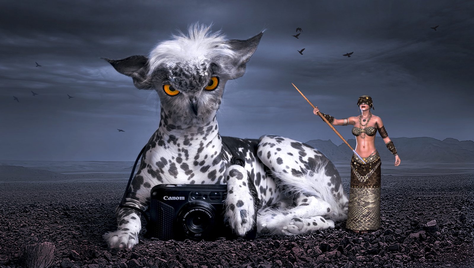 photo of black Camera with white and animal woman holding stick illustration 2k 4k 5k