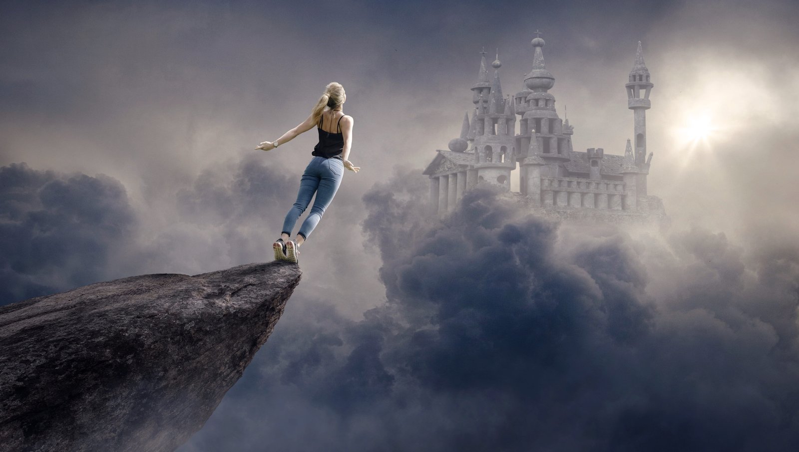 photo of woman wearing black shirt fantasy clouds castle sun 2k 4k 5k