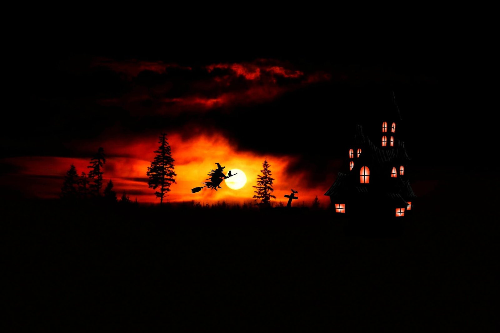 photography of silhoutte building and witch riding broom during golden hour poster 2k