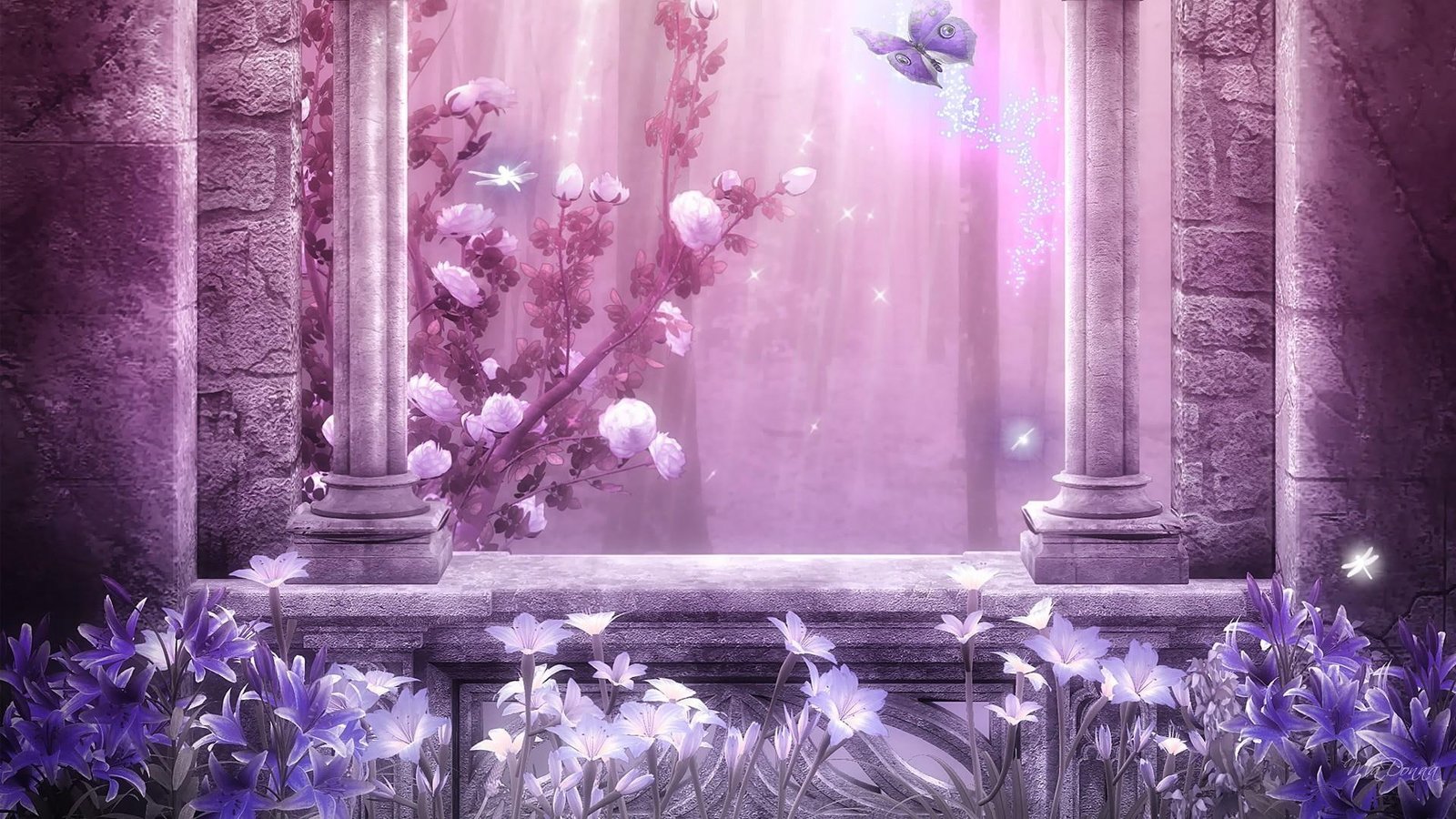 Pink Mystic roses lavender columns butterfly flowers mystical 2k