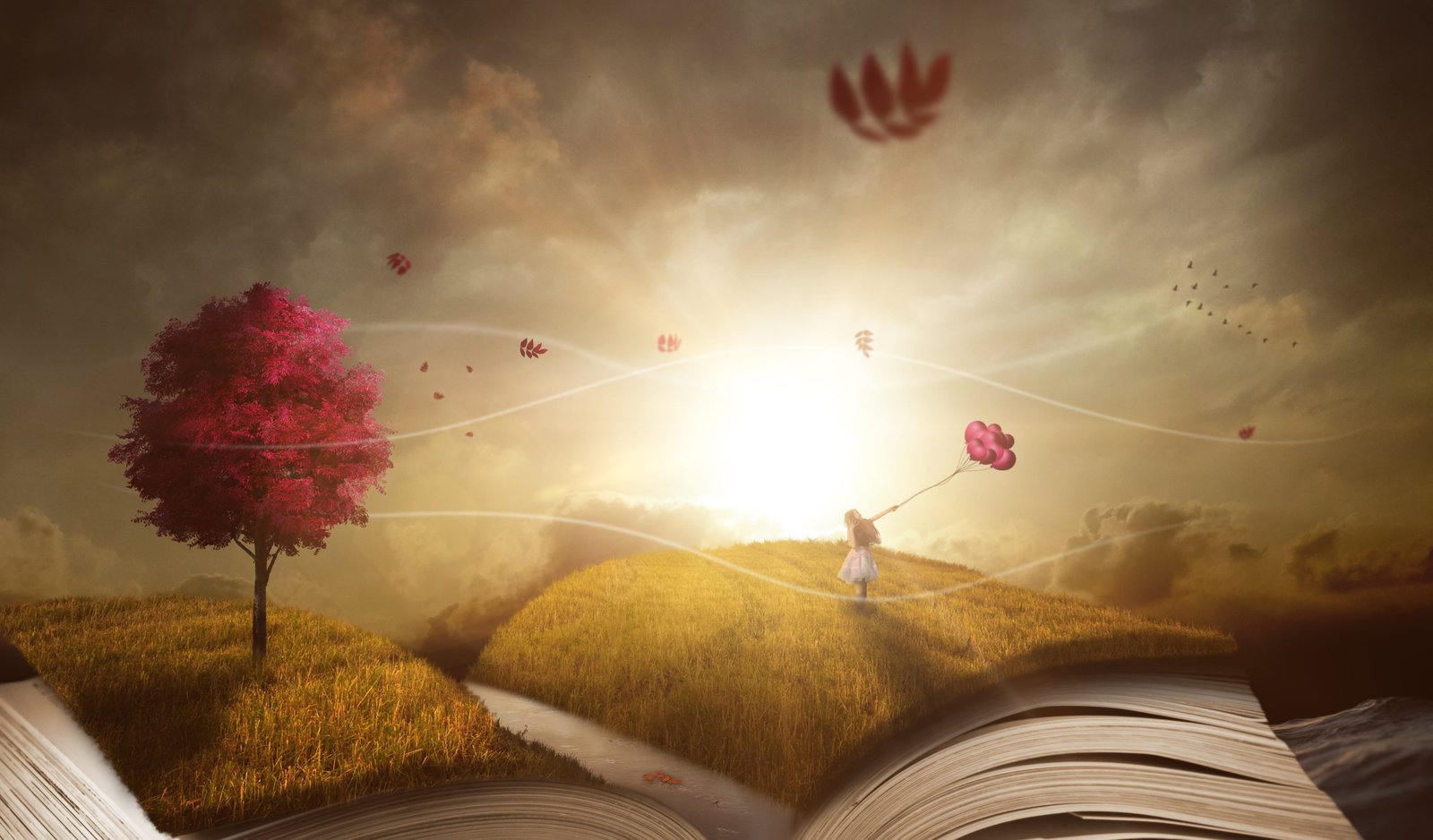 pink trees under blue sky digital wallpaper book landscape 64 2k 4k 5k