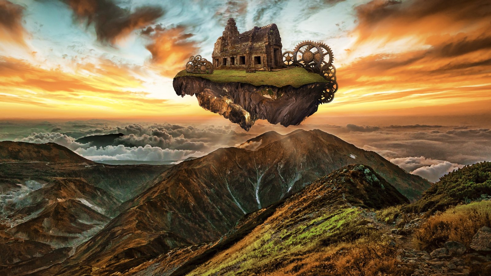 sky mountain floating island fantasy art rock landscape 16 2k 4k
