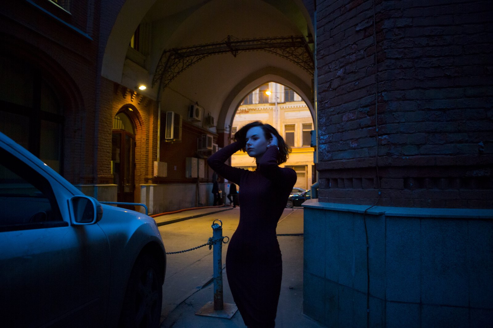 woman in black long sleeve bodycon dress girl lane slim figure 2k 4k 5k