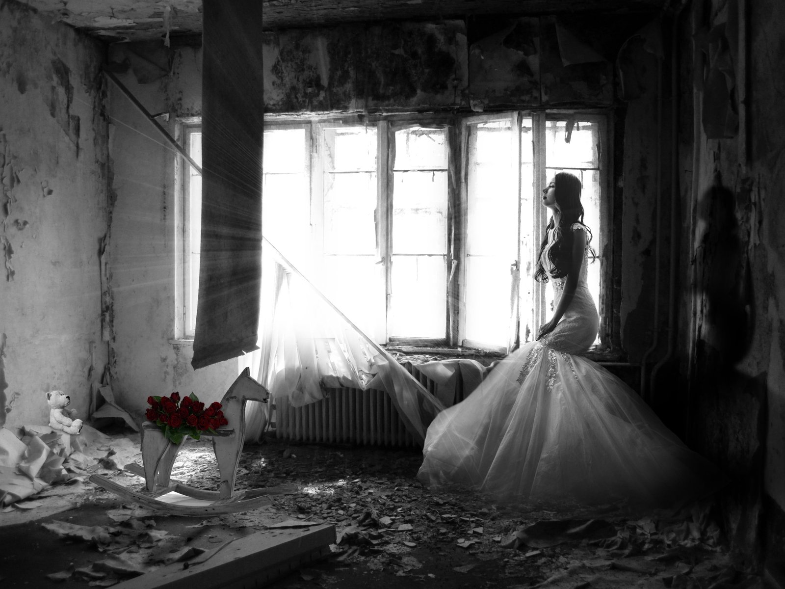 woman in white dress inside dark messy room sad wedding sadness 2k 4k
