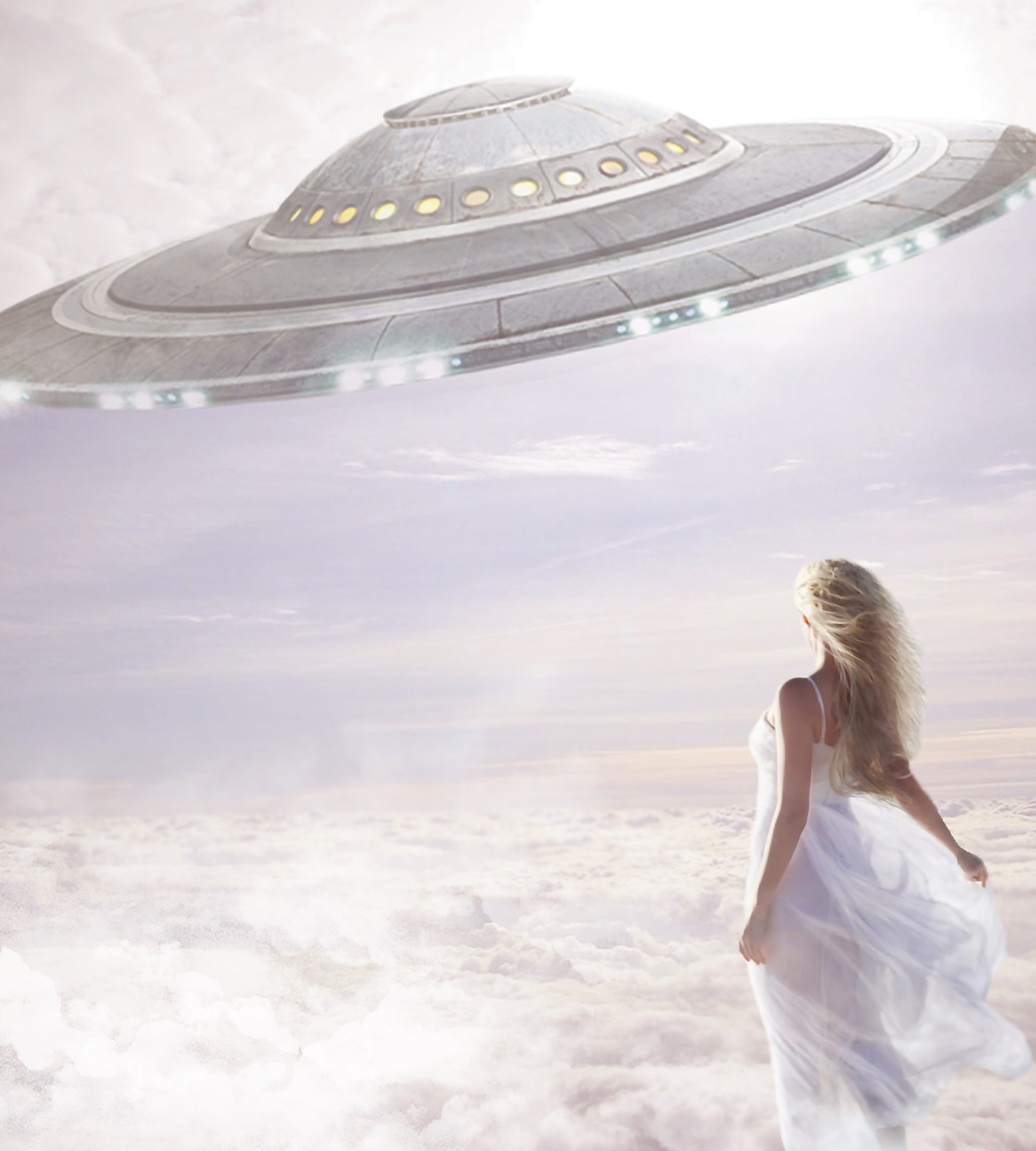 woman wearing dress looking at round spaceship painting clouds 2k 4k