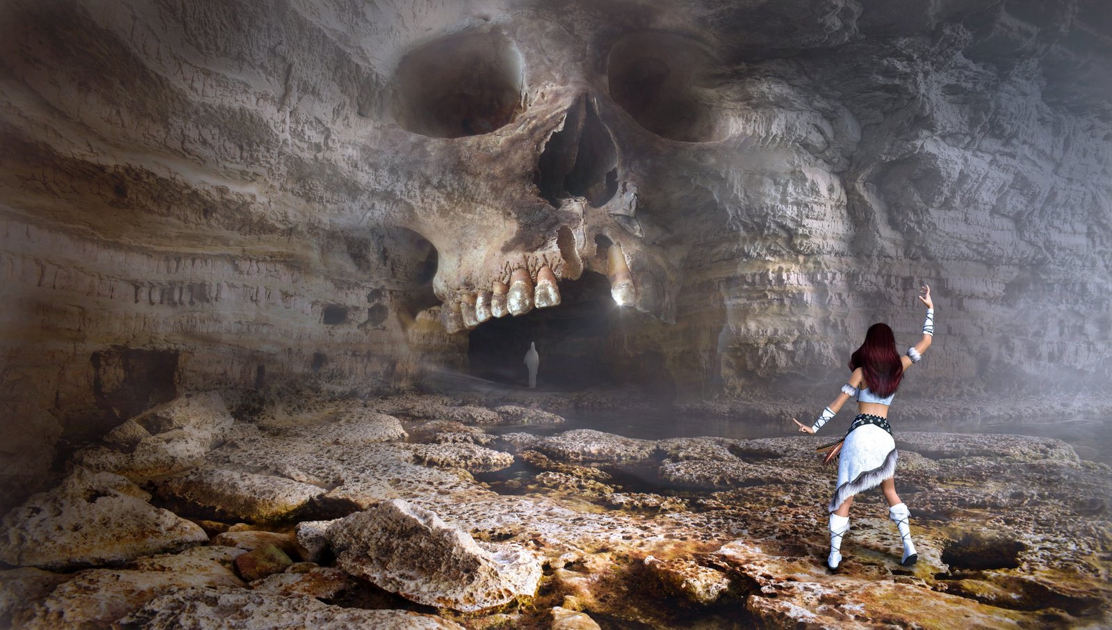 woman wearing white dress in front of skull cave illustration 2k 4k 5k