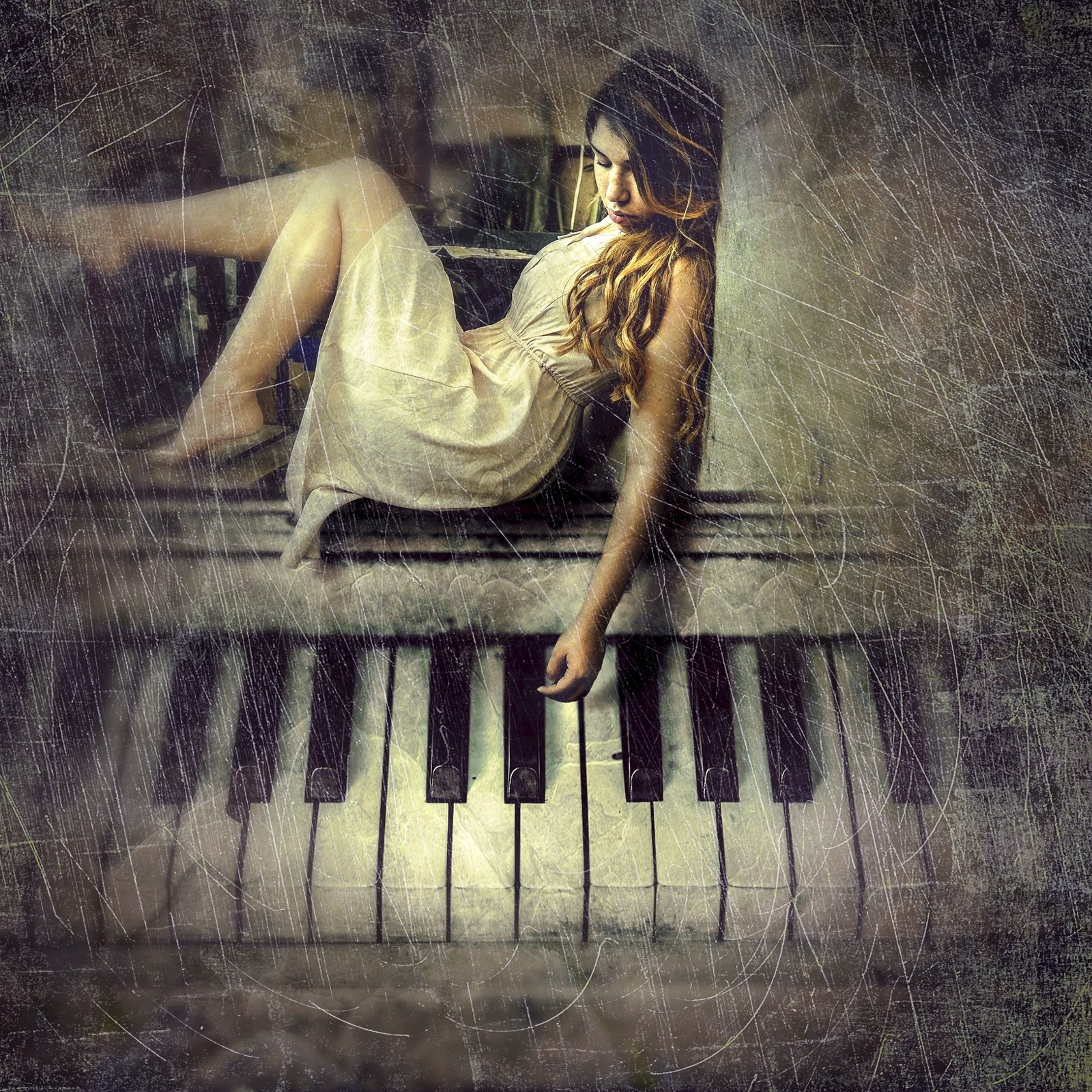 woman wearing white dress seating on piano cd cover composing 2k