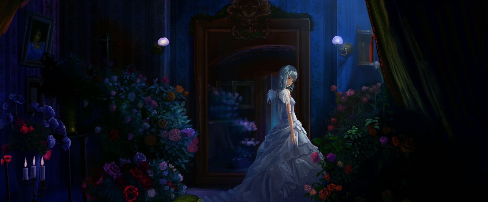 dress dual eyes flowers gray hair maiden multi night widescreen dualmonitor dualscreen 2k 4k