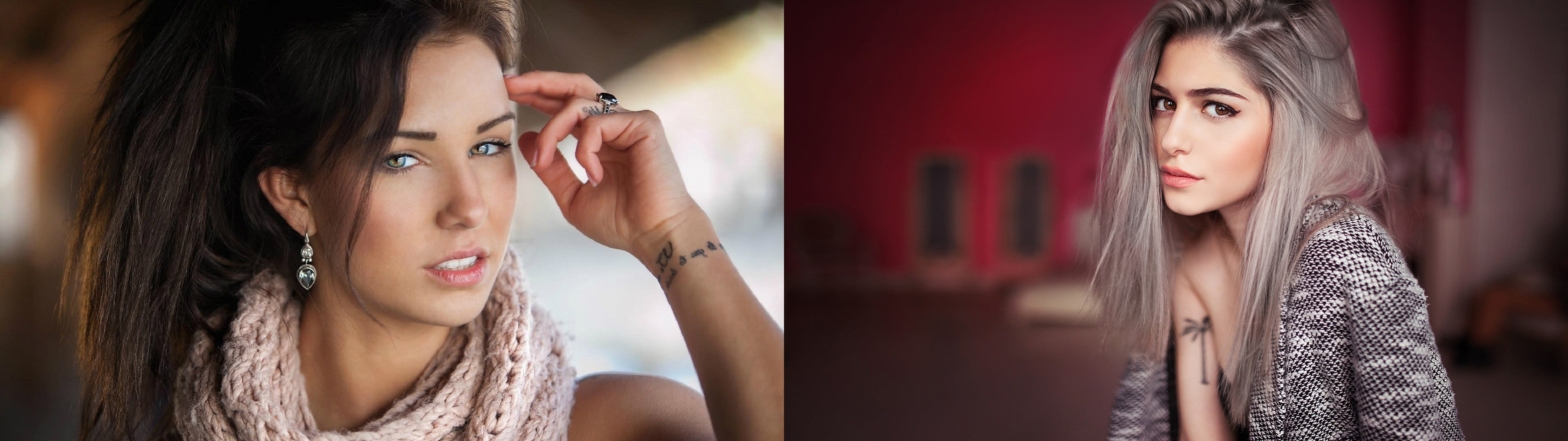 women scarf brunette blonde sweater multiple display dual monitors widescreen dualmonitor dualscreen 2k 4k