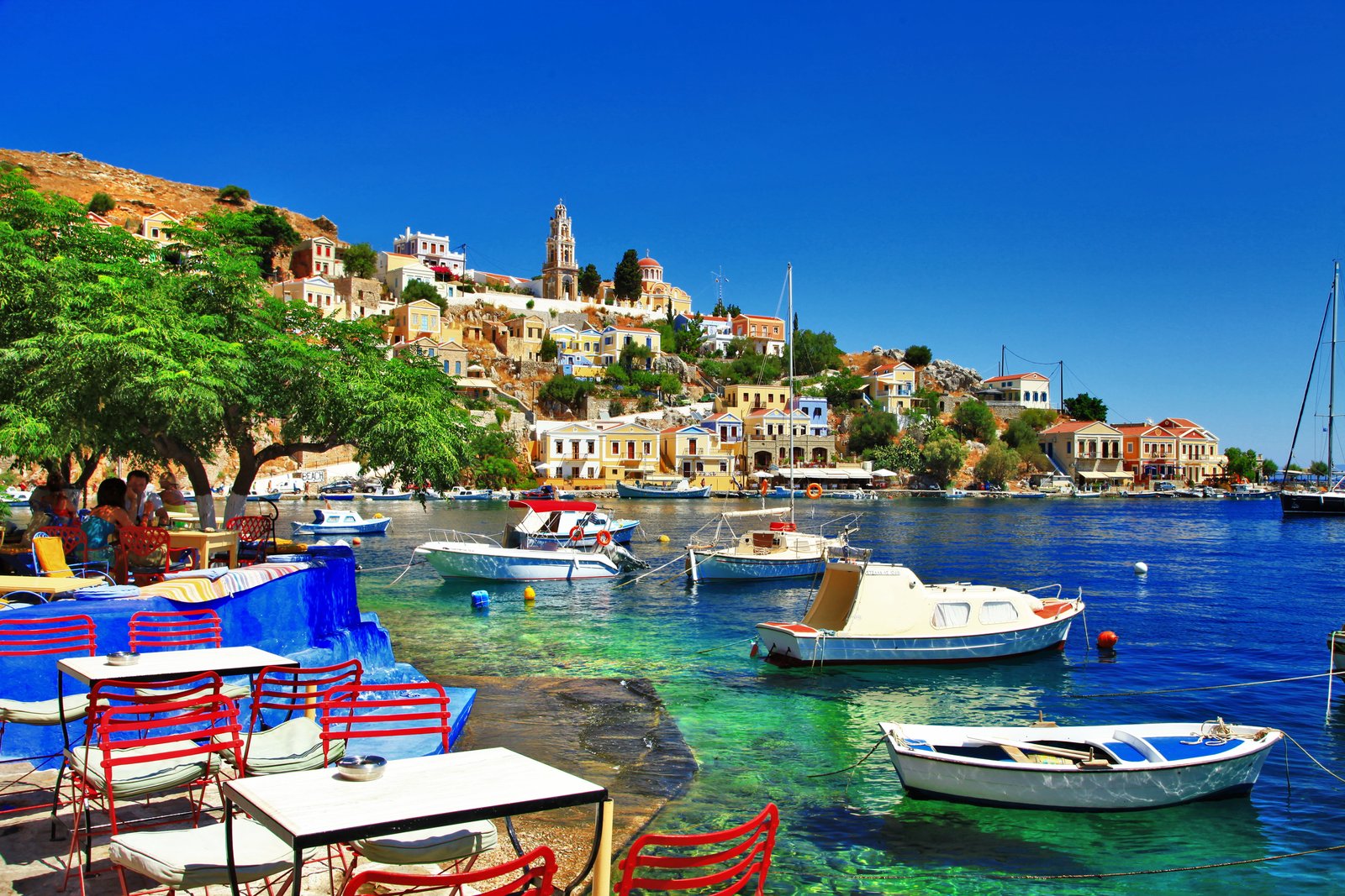 four white boats the city coast island Greece sea shore 2k 4k 5k