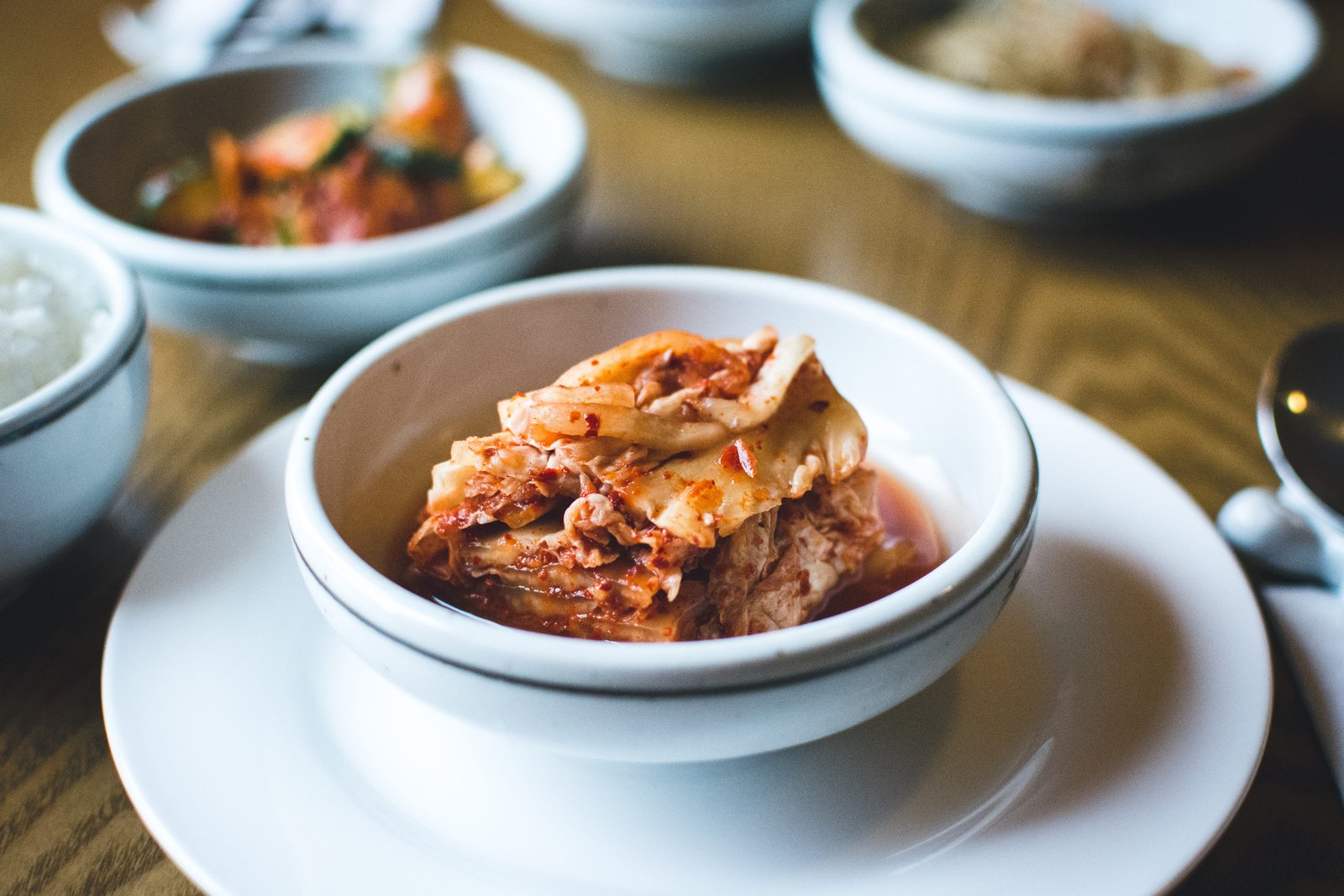 Kimchi in a white bowl close up eating out healthy korean 2k 4k 5k