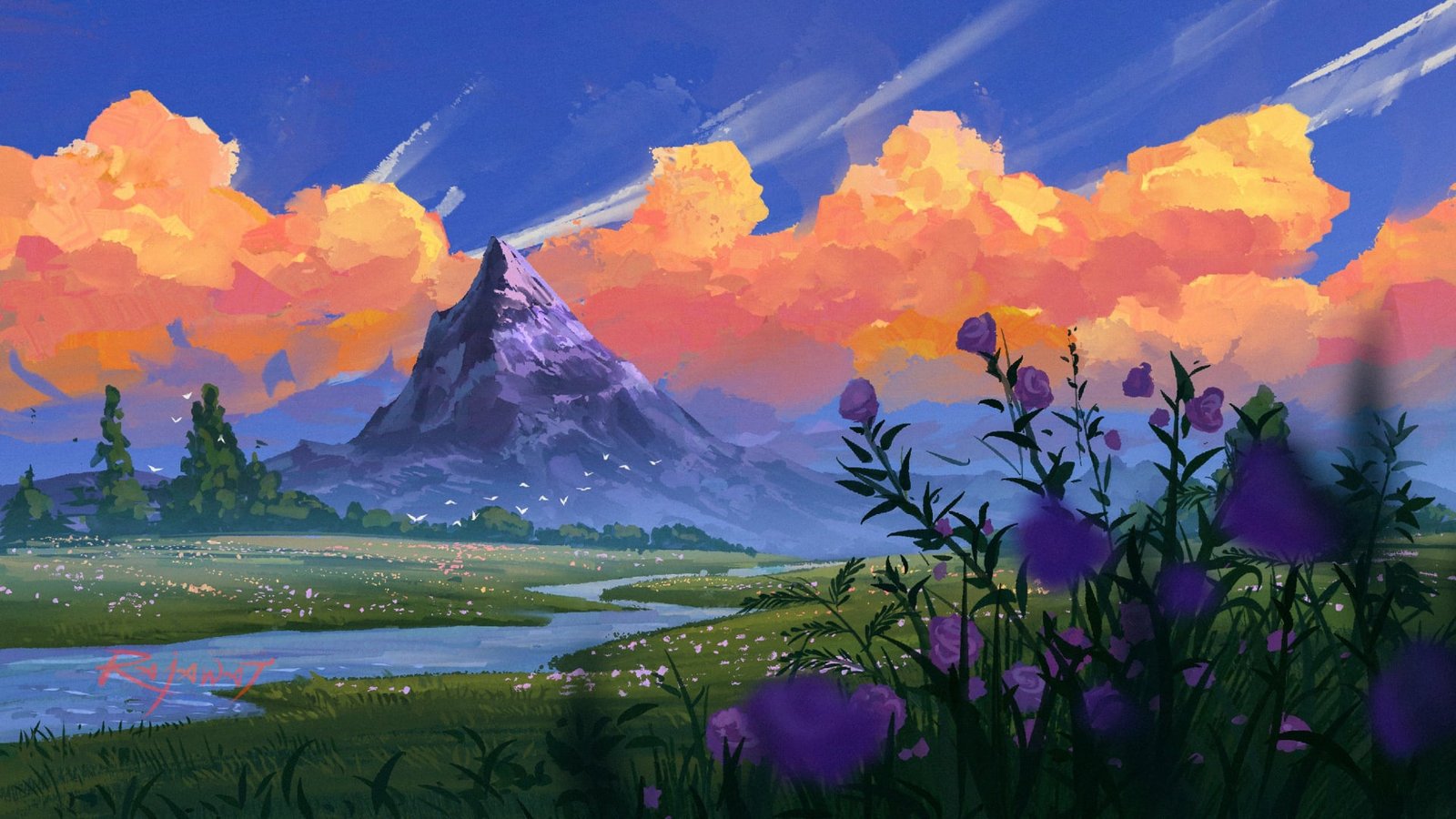 Landscape view showing the sky river birds mountain 2k