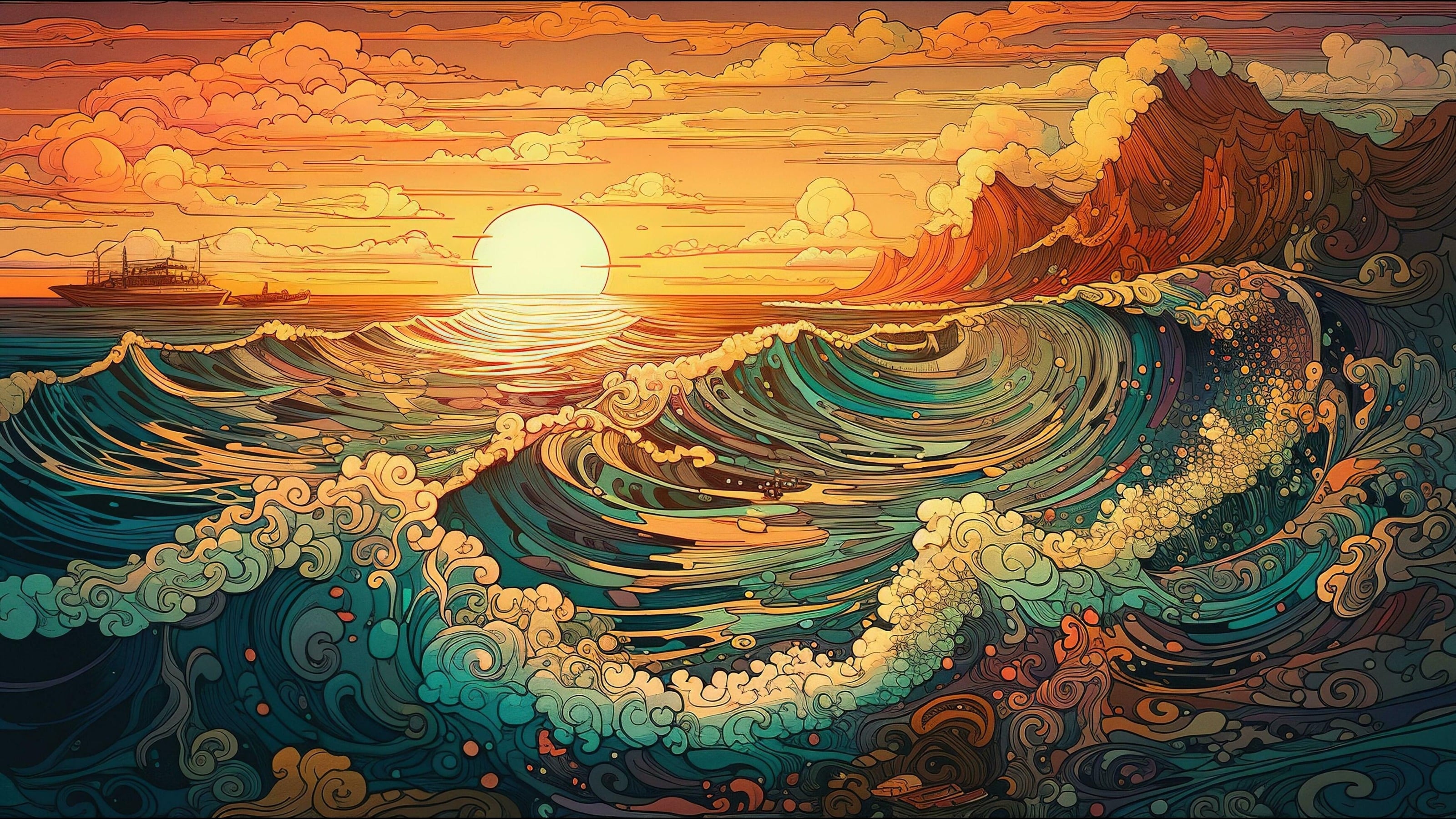 Japanese style ocean waves at sunset 2k