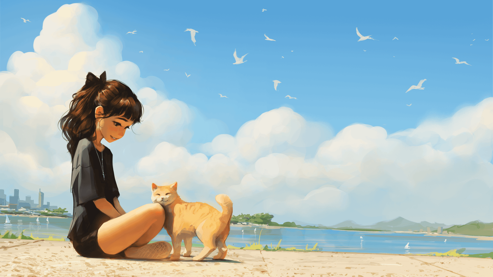 Girl with Cat art 2k 4k