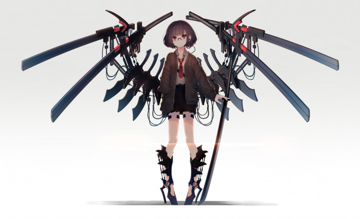 anime girl mecha wings meganekko short hair cyber one person 2k