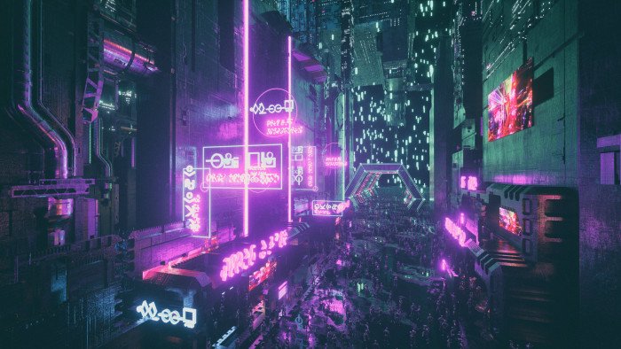 artwork digital science fiction cityscape cyber city neon 2k