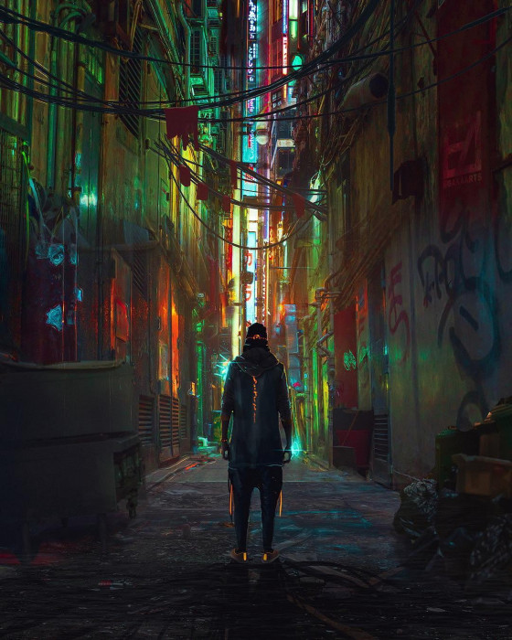 Bartsy concept art digital artwork cyberpunk cyber city