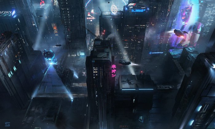 city futuristic architecture cyberpunk night digital art