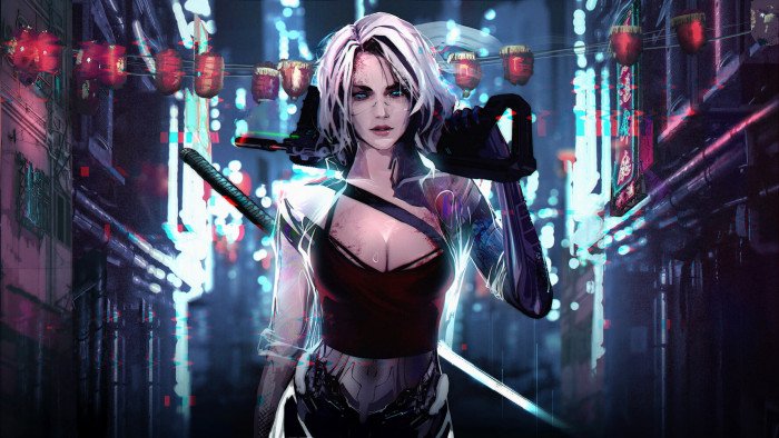 digital art cyberpunk science fiction cyber city japanese sword
