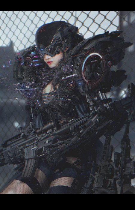 girl wearing black costume science fiction cyberpunk fantasy art