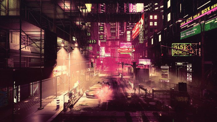 night artwork futuristic city cyberpunk science fiction 2k