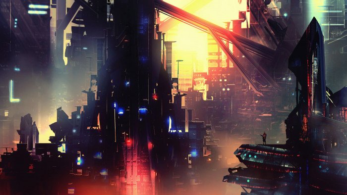 night artwork futuristic city cyberpunk science fiction 2k