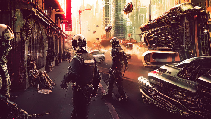 soldiers walking in street painting artwork fan art futuristic city 2k