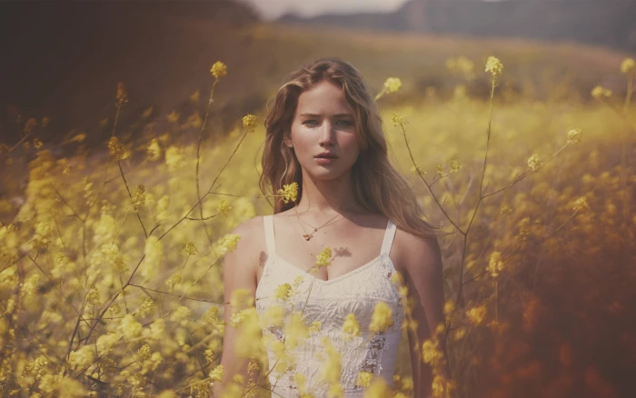 jennifer lawrence field of yellow flowers actress hollywood 2k