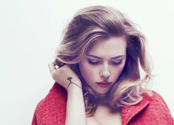 scarlett johansson demure red jacket actress hollywood