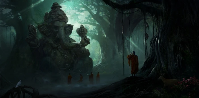 five people standing in front of Ganesha statue forest digital wallpaper