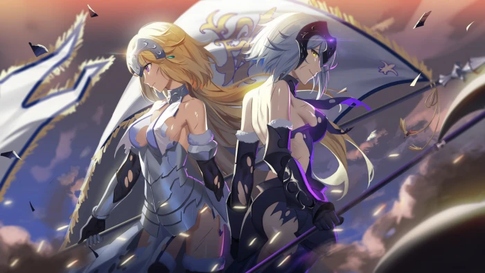 two white and yellow haired women anime characters wallpaper 2k 4k