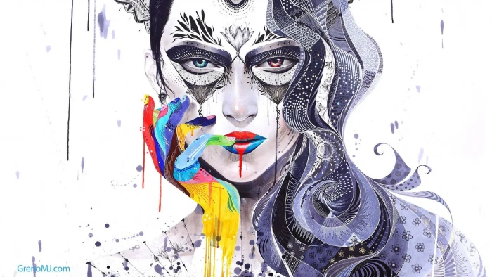 woman in purple black and yellow painting Minjae Lee artwork