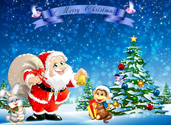 Santa Claus with monkey and rabbit Merry Christmas wallpaper 2k 4k 5k