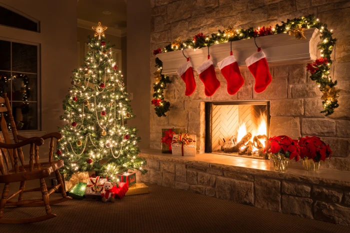 green Christmas tree with string lights decoration gifts New year 2k 4k 5k