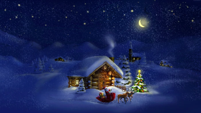 house night Santa New Year Christmas deer snow winter 2k 4k 5k