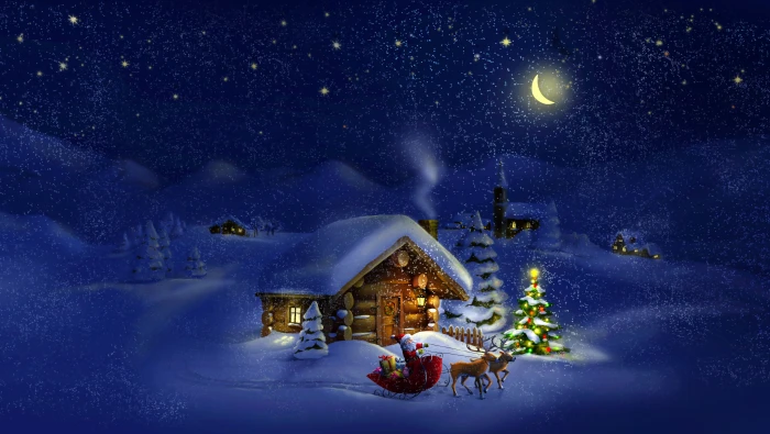 Holiday Christmas Cabin Tree Light Moon Night 2k 4k 5k