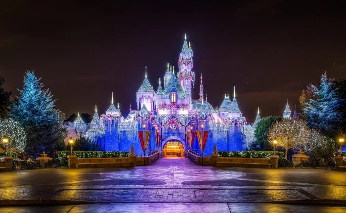 Castle Christmas blue pink and green castle Holidays Lights 2k