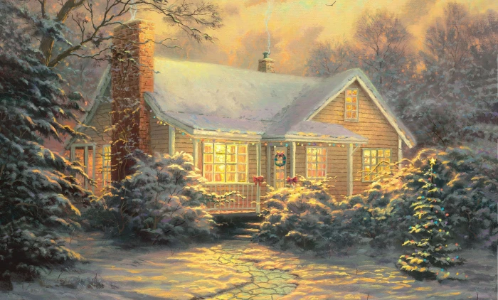 snow covered house painting winter decoration lights new year 2k